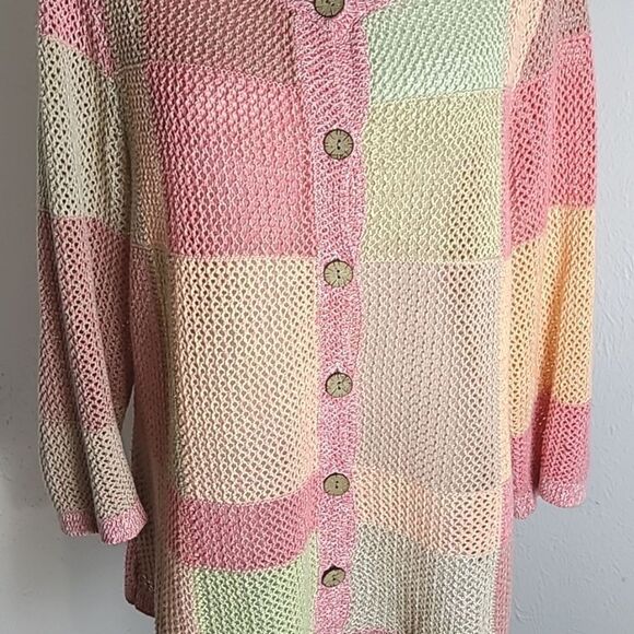 CJ Banks  Pastel Open-Knit Buttondown Sweater, Shades of Pink, Peach,Size X, 14W - Picture 4 of 9